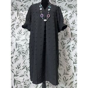 Black Summer Dress V Neck Ruffle Sleeve Casual Sz M Shift Sundress Vacation